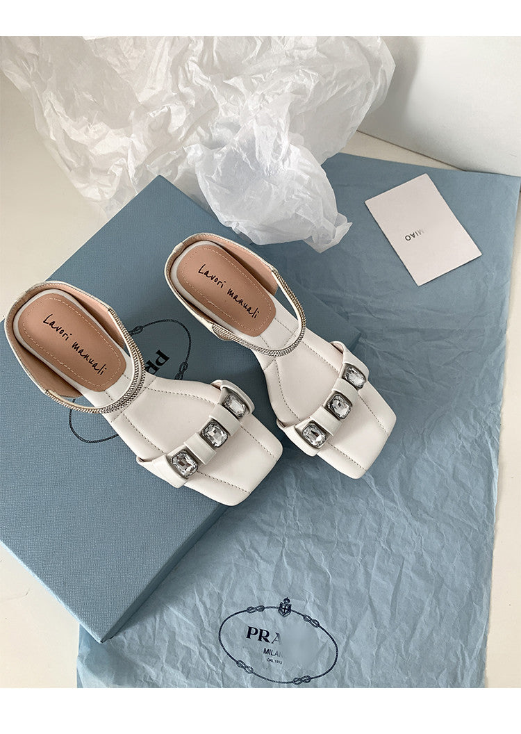 Karin Luna Bestseller Popular Rhinestone Ribbon Square Toe Slippers