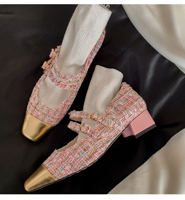 Karin Luna Classic Chanel Style~ Tweed Spring Limit Square Toe Chunky Heel Mary Jane Strap Single Shoes