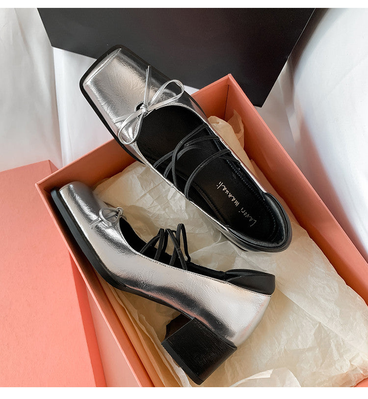 Karin Luna In Stock Spot Goods  Popular Self-flowing Bowknot Square Toe Chunky Heel Single Shoes