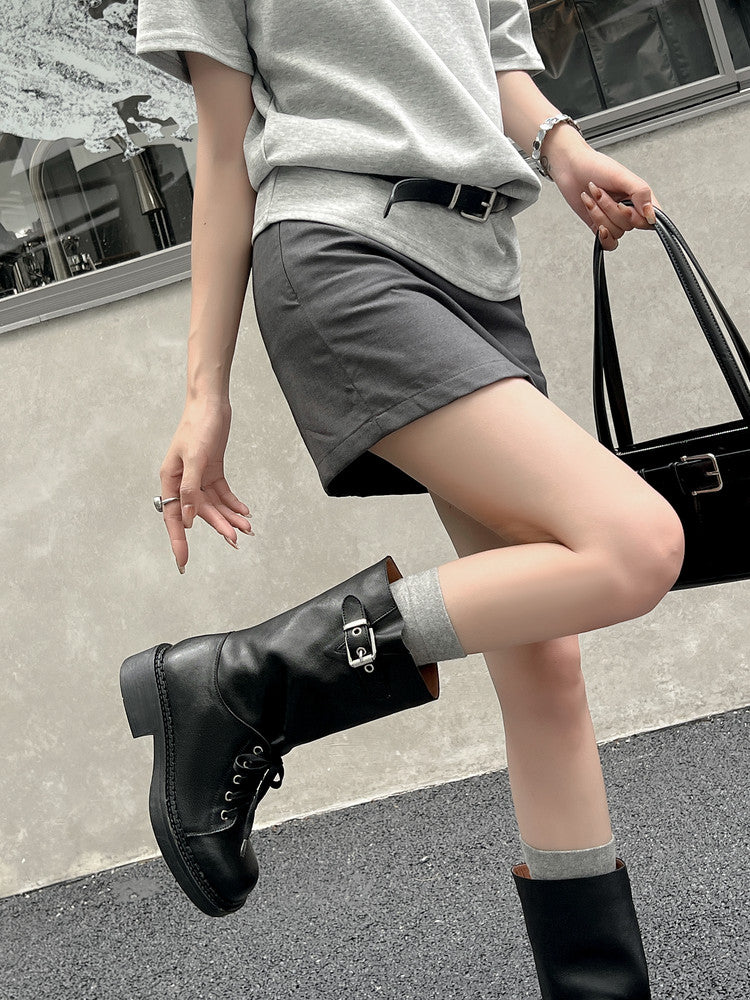 Karin Luna Bestseller Large Tube Thick Sole Martin Boots with Belt Buckle