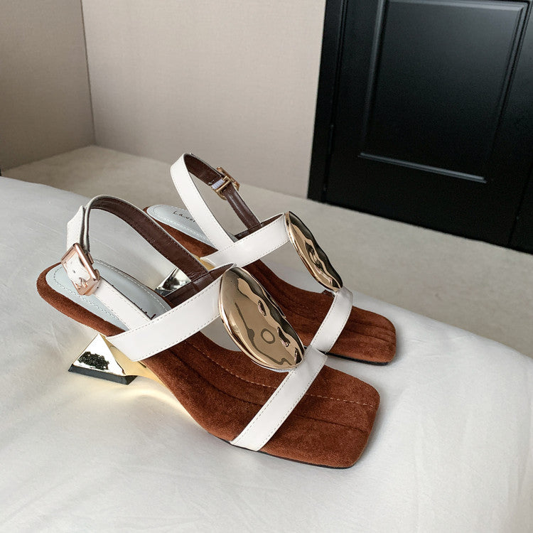 Karin Luna In Stock In Stock  Square Toe Suede Metal Heel Elegant Sandals
