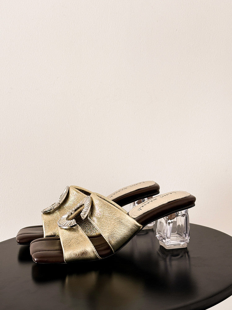 Karin Luna In Stock  Spot Goods  Large Rhinestone Square-Toed Crystal Heel Slippers