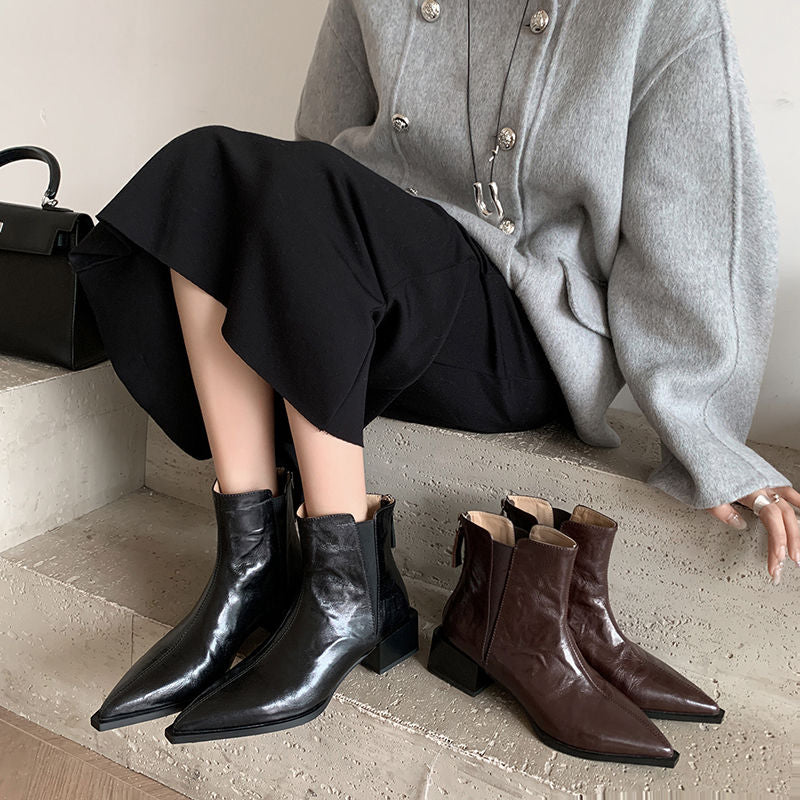 Karin Luna In Stock Spot Goods Elegant Stretch Fabric Patchwork Pointed Toe Chunky Heel Short Boots