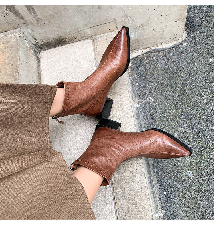 Karin Luna Elegant Style Pointed Toe Chunky Heel Short Boots