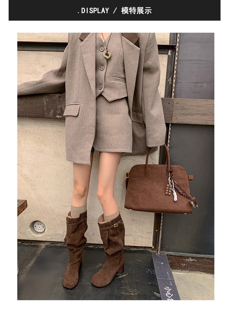 Karin Luna In Stock In Stock Mango Head Large Tube Belt Buckle Chunky Heel Long Boots