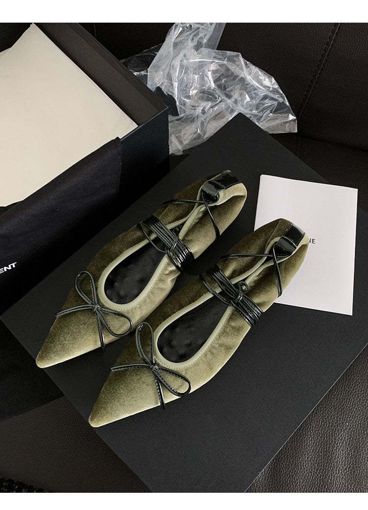 Karin Luna In Stock In Stock Retro Velvet Pointed Toe Bowknot Single Shoes