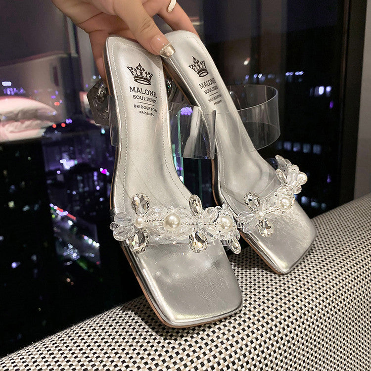 Karin Luna In Stock Spot Goods  Always in stock Square Toe Sweet Rhinestone Crystal Heel Slippers