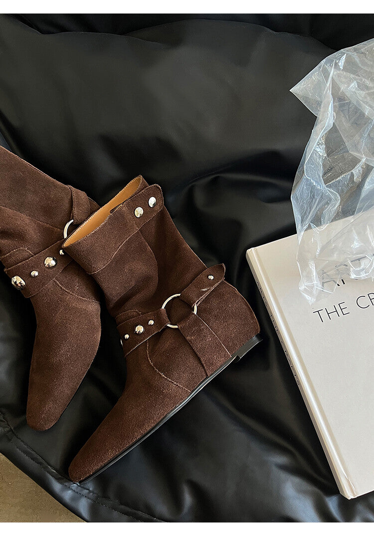 Karin Luna has prepared stock  Hot-Selling Retro Pointed Toe Wedge Metal Buckle High Tube Western Boots
