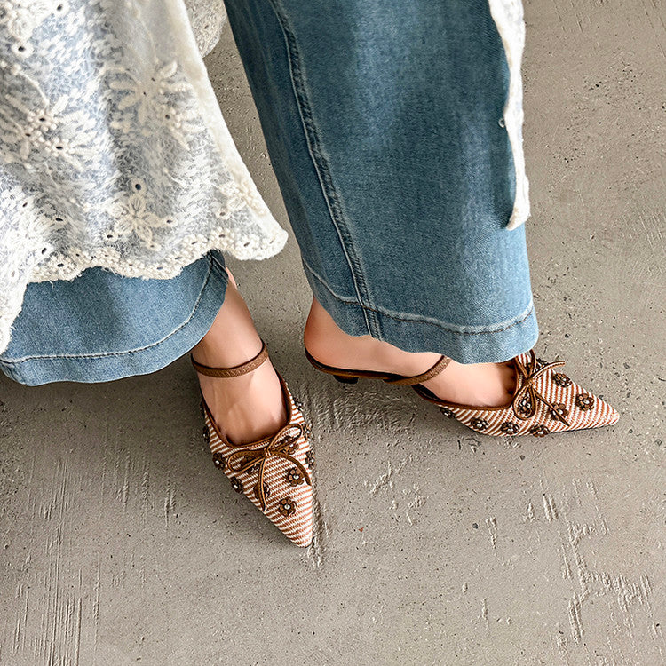 Karin Luna In Stock Spot Goods  Elegant Floral Pointed Toe Rhinestone Slippers