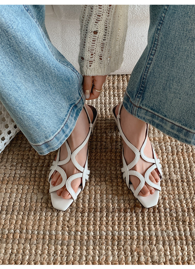 Karin Luna French Hollow Style Small Square Toe Chunky Heel Sandals