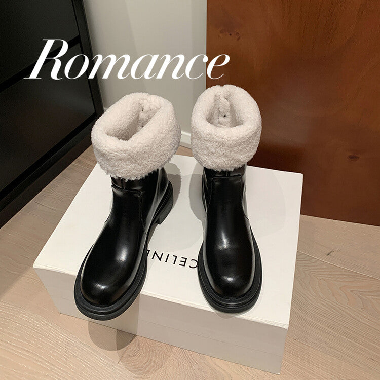 Karin Luna Classic Basic Style   Convertible Foldable Hidden Buckle Snow Fur Shoes Full cowhide Basic Flat Short Boots
