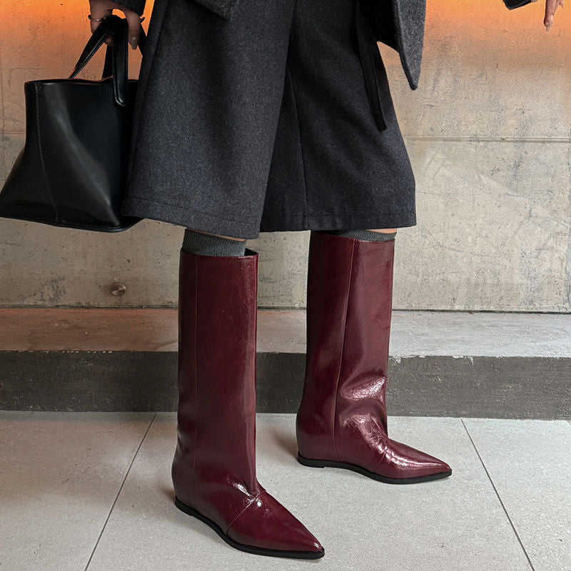 Karin Luna Elegant Style Pointed Toe Internal Height Increase Slip-On Long Boots