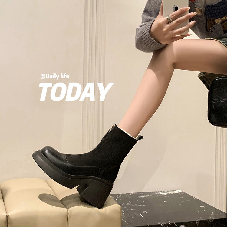 Karin Luna Basic Bestseller Timeless Thick Fur Lined Round Toe Thick Sole Cowhide Snow Boots