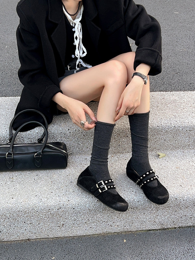 Karin Luna Hot Item Hot Item Punk Style One-Strap Round-Toe Suede Leather Height-Increasing Flats