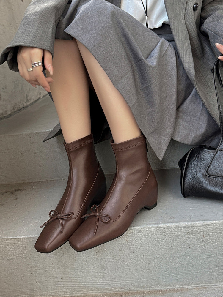 Karin Luna French Style Square Toe Bowknot Hidden Wedge Slim Boots