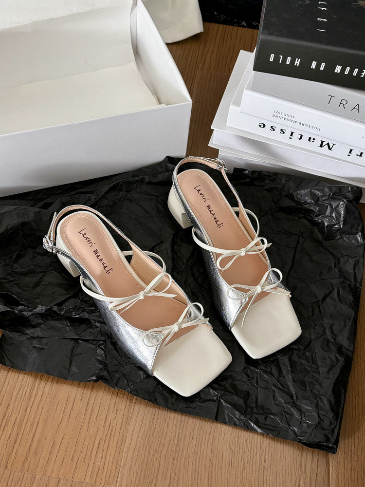 Karin Luna In Stock Spot Goods Square Toe Double Bow Thick Heel Sandals