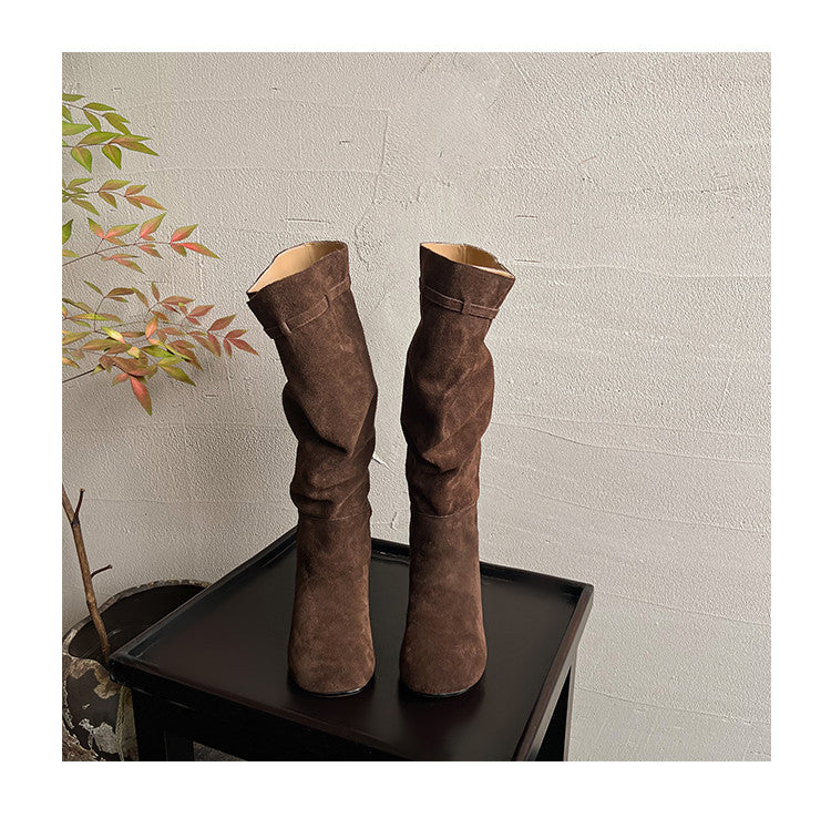 Karin Luna In Stock In Stock Mango Head Large Tube Belt Buckle Chunky Heel Long Boots