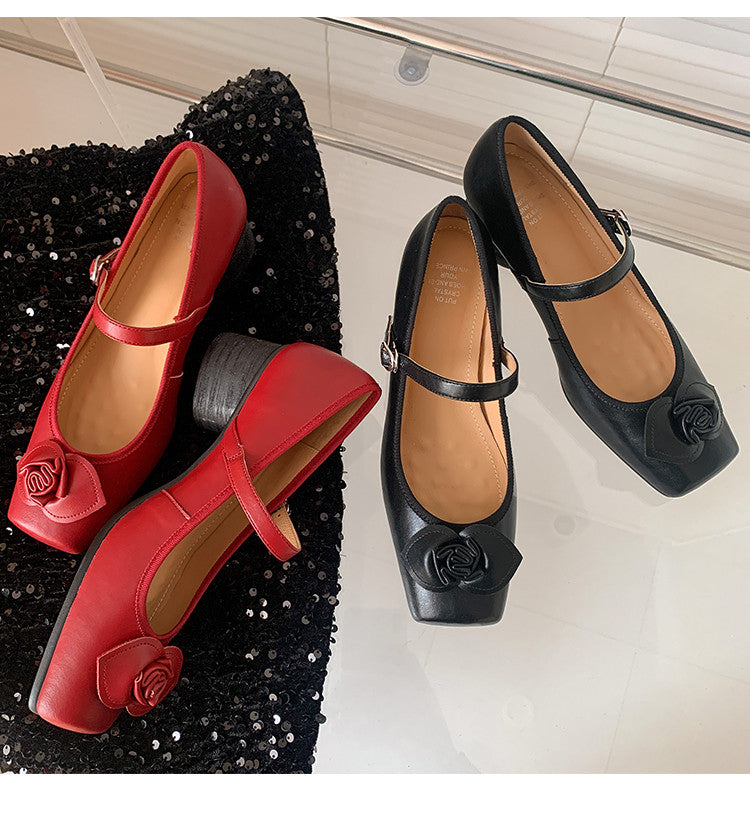 Karin Luna In Stock Spot Goods  Vintage Three-Dimensional Camellia Square-Toed Mary Jane Shoes