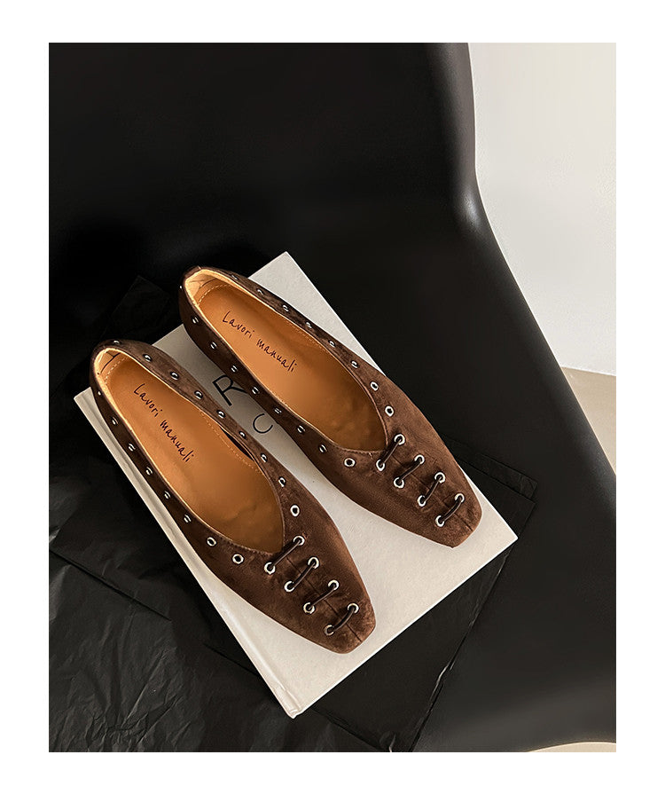 Karin Luna In Stock Spot Goods    Old Money Style Square Toe Suede Flats