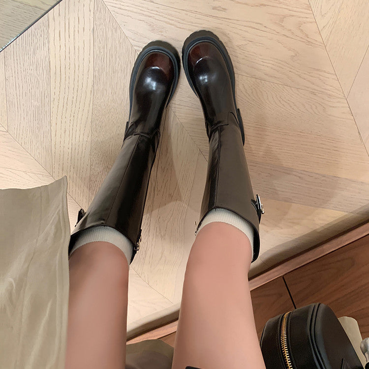 Karin Luna In Stock In Stock  Round Toe Thick Sole Belt Buckle Side Zipper Knight Boots