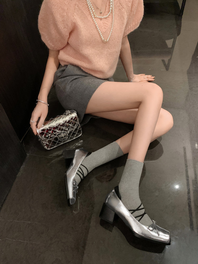 Karin Luna In Stock Spot Goods  Popular Self-flowing Bowknot Square Toe Chunky Heel Single Shoes