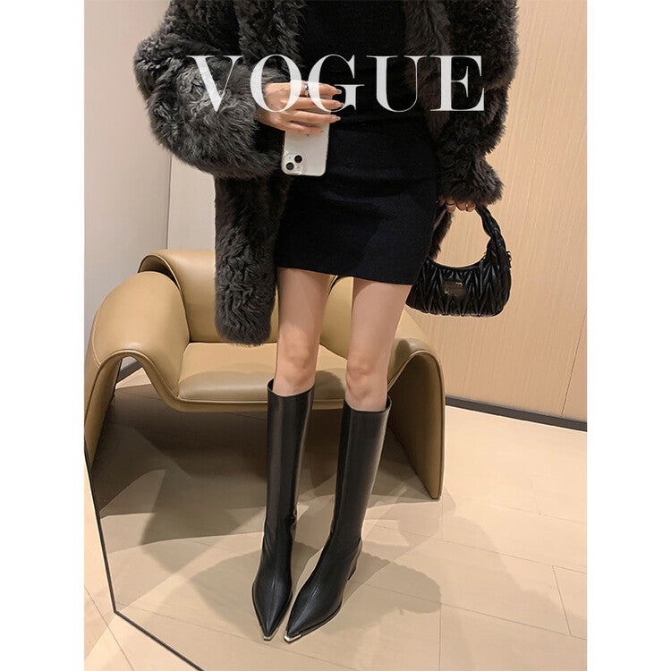 Karin Luna In Stock  In Stock Elegant Metal Pointed Toe Chunky Heel Full Cowhide Leather Riding Boots