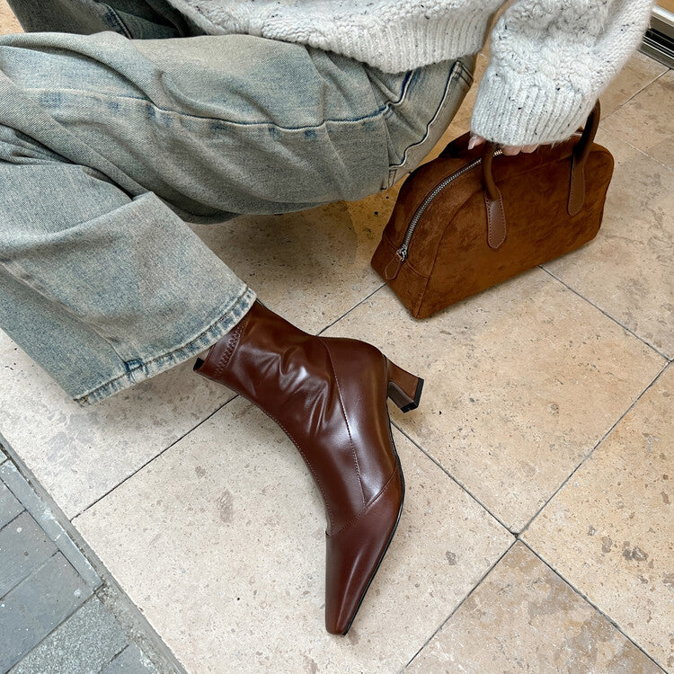 Karin Luna Elegant Small Square Toe Chunky Heel Slim Boots