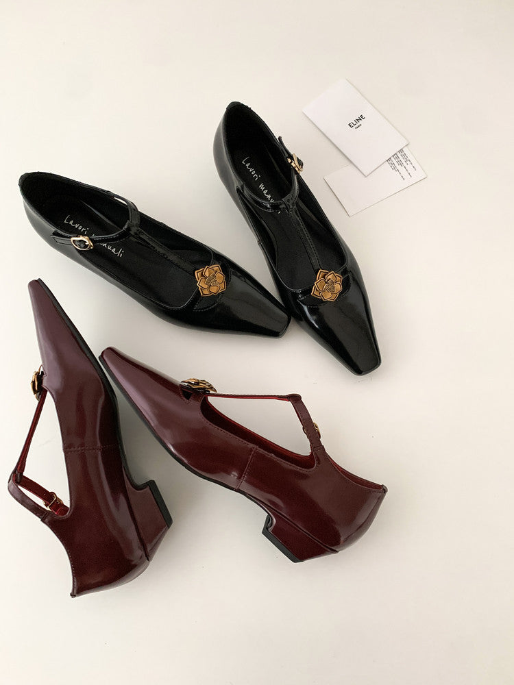 Karin Luna In Stock Spot Goods    Retro Classic Metal Camellia Irregular Heel Single Shoes