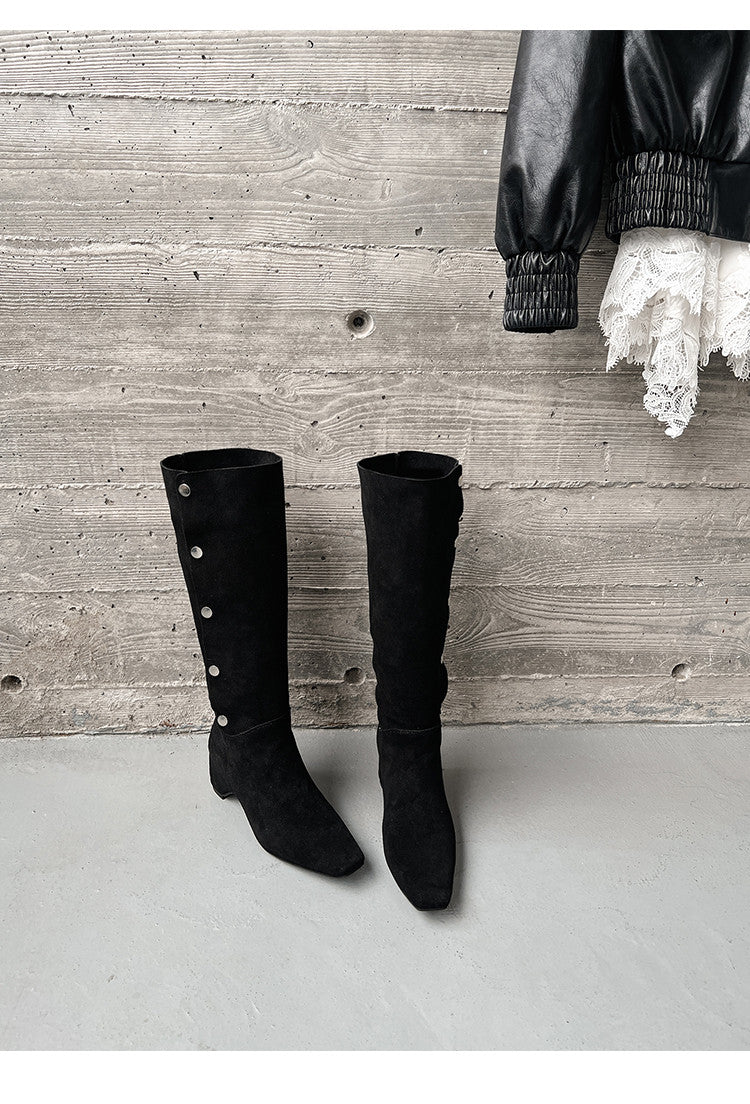 Karin Luna Bestseller Hot-Selling Hidden Buckle Lazy Style Square-Toe Height-Increasing Suede Western Boots