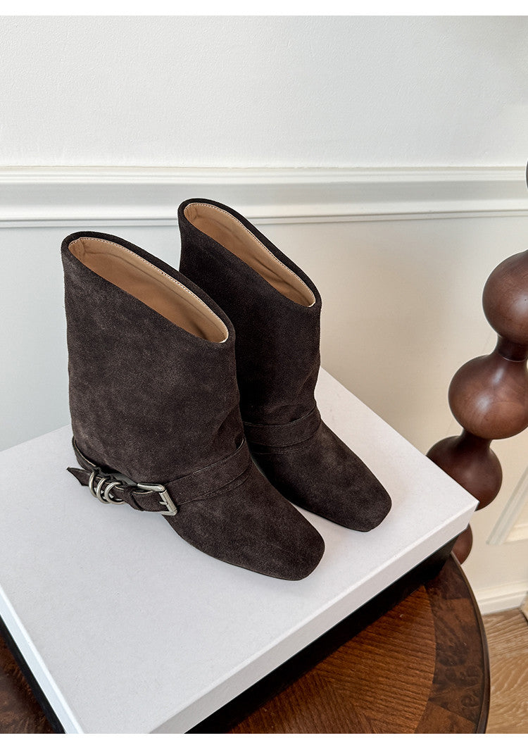 Karin Luna Data Hot Item Square Toe Hidden Wedge Belt Buckle Suede Ankle Boots