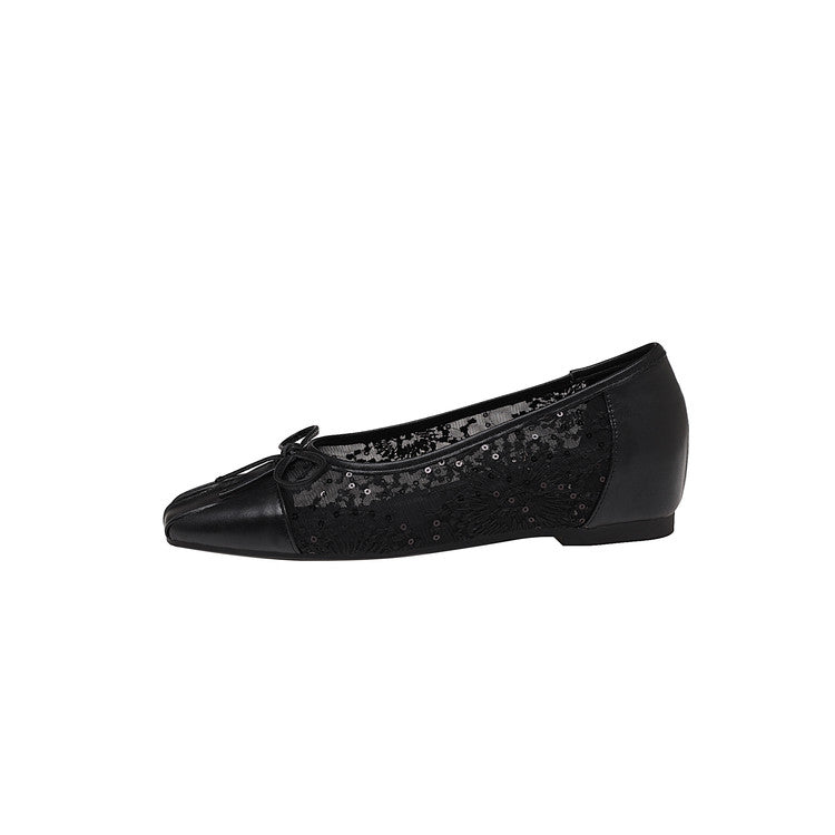 Karin Luna In Stock In Stock  Wrinkled Square Toe Patchwork Breathable Mesh Bow Granny Shoes