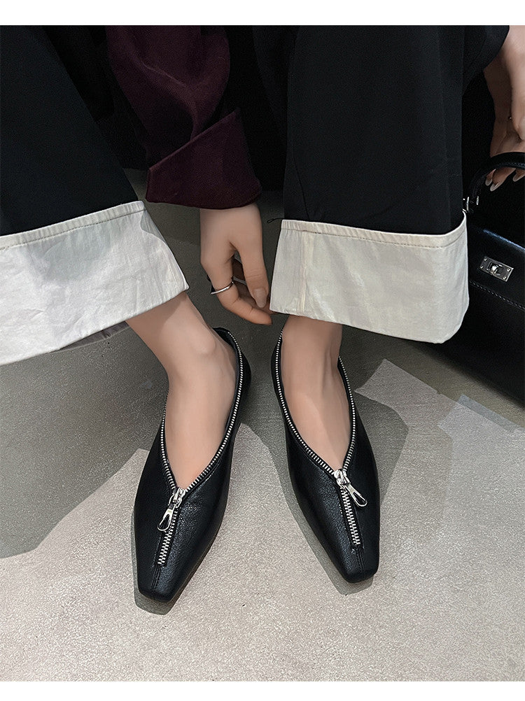 Karin Luna In Stock In Stock ~Basic Versatile Light Luxury Zipper Small Square Toe Flats