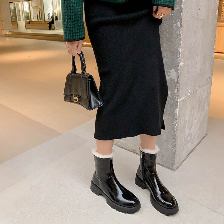 Karin Luna In Stock  Best-selling in stock Thickened Fleece Cow Patent Leather Hot-Selling Flat Short Boots