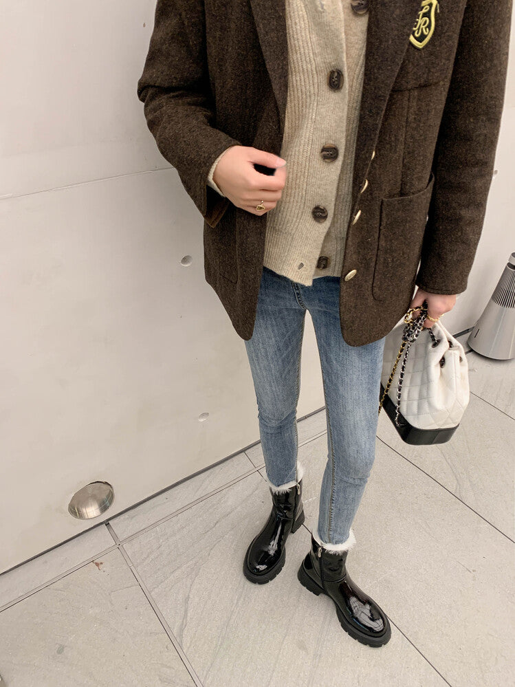 Karin Luna In Stock  Best-selling in stock Thickened Fleece Cow Patent Leather Hot-Selling Flat Short Boots