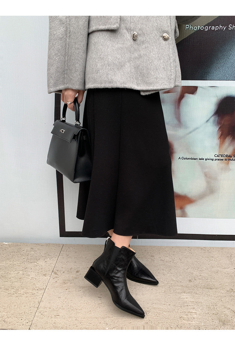 Karin Luna In Stock Spot Goods Elegant Stretch Fabric Patchwork Pointed Toe Chunky Heel Short Boots