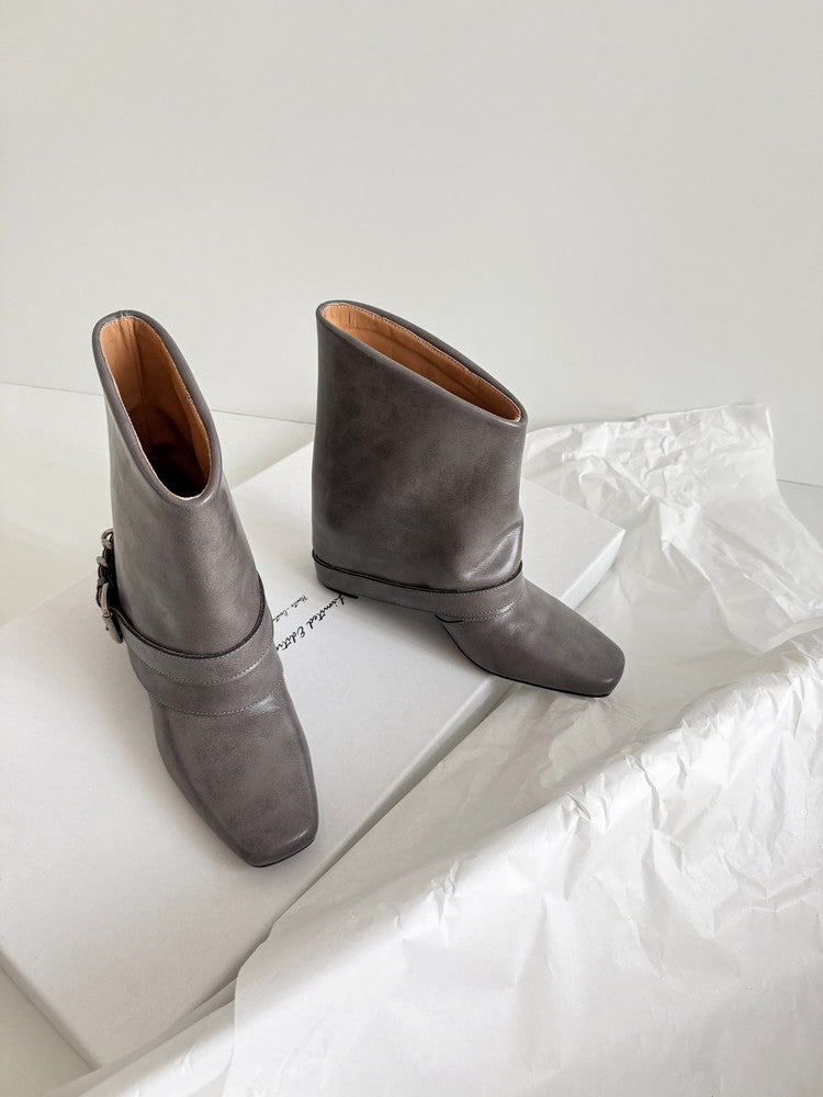 Karin Luna Data Hot Item Square Toe Hidden Wedge Belt Buckle Suede Ankle Boots