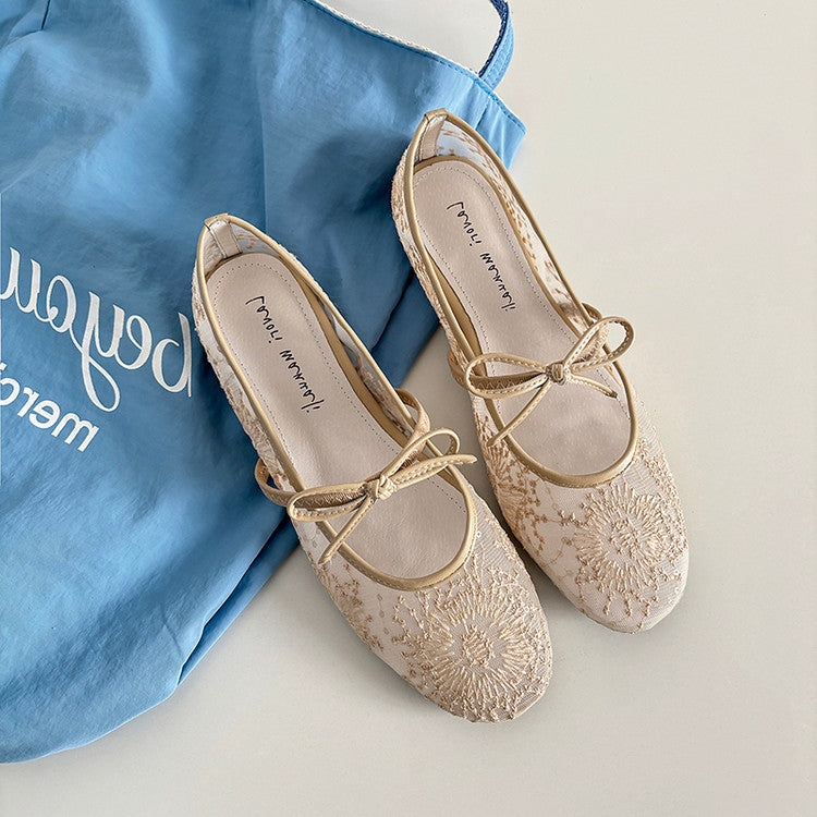 Karin Luna In Stock Spot Goods  Summer Breathable Retro Embroidered Bow Granny Shoes