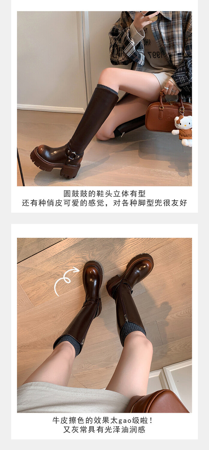 Karin Luna In Stock In Stock Slimming Diagonal Cut Tube Top  Best-selling in stock Retro Metal Buckle Thick-Soled Long Boots