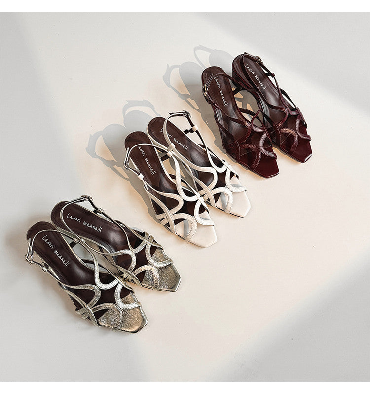 Karin Luna French Hollow Style Small Square Toe Chunky Heel Sandals