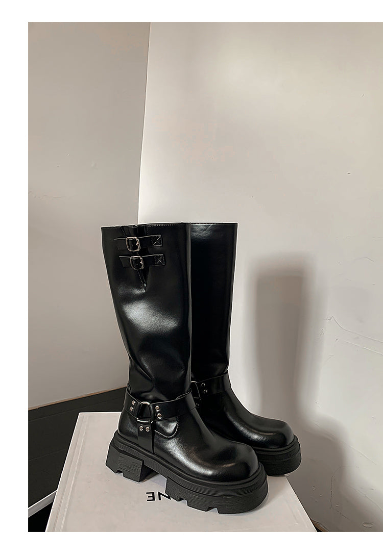 Karin Luna In Stock In Stock  Classic Casual Style Belt Buckle Thick Sole Round Toe Knight Boots Thick Sole