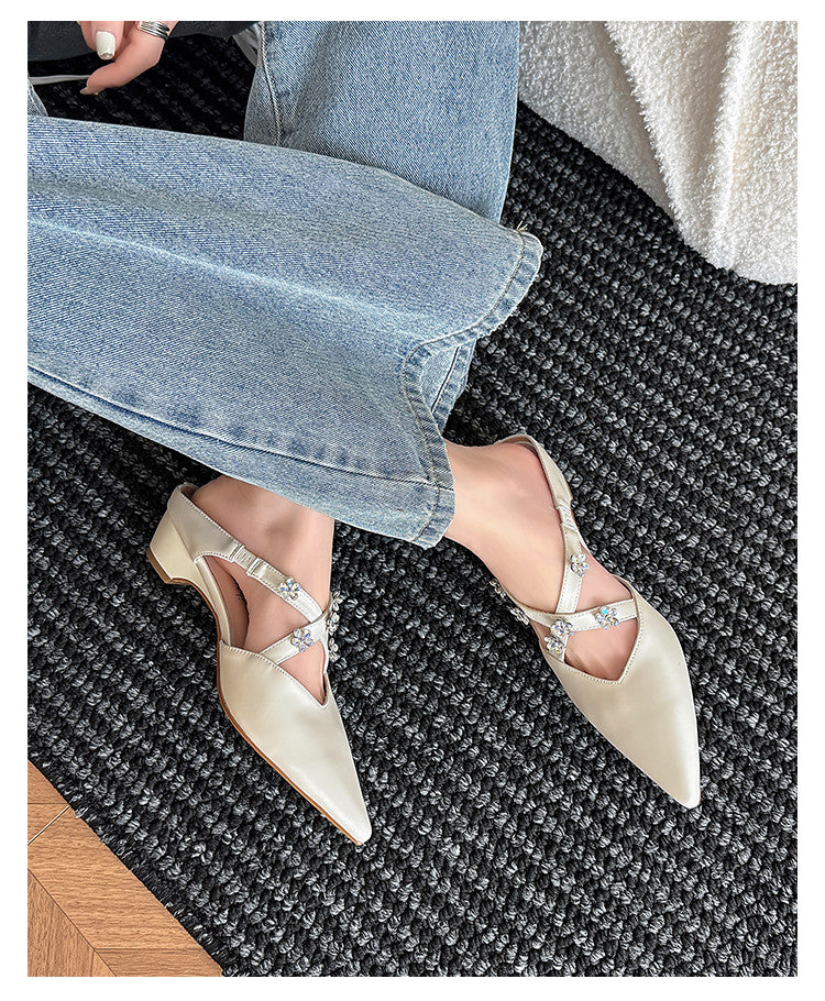 Karin Luna Elegant Pointed Toe Rhinestone Flower High Heel Mules