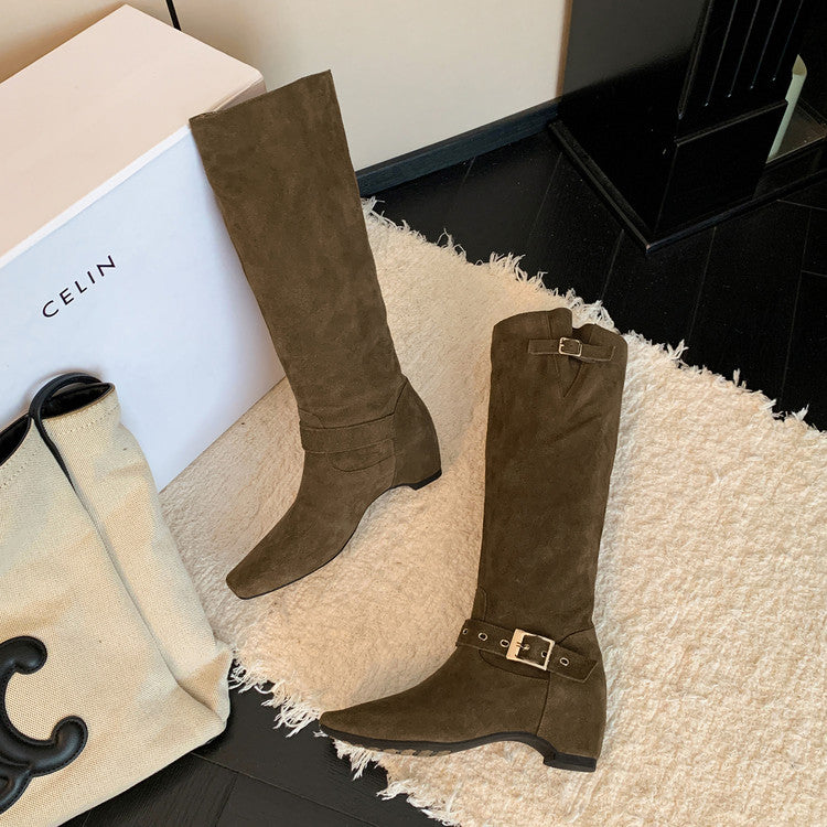 Karin Luna Data Model Belt Buckle Matte Square Toe Hidden Wedge Slouch Western Boots