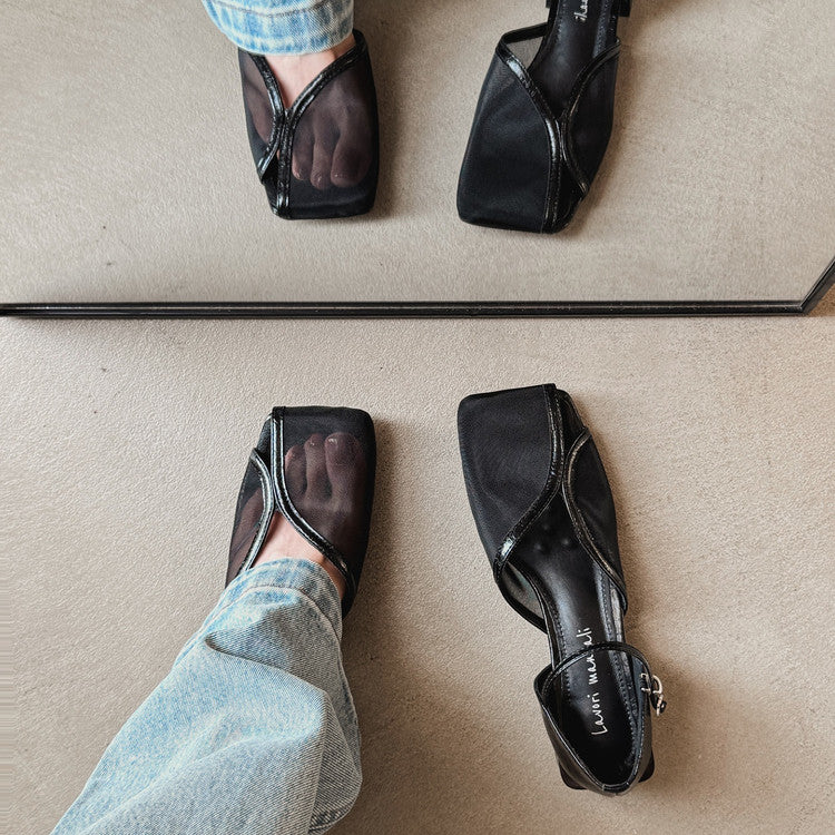 Karin Luna In Stock In Stock  Internet Celebrity Style Square Toe Mesh Chunky Heel Sandals