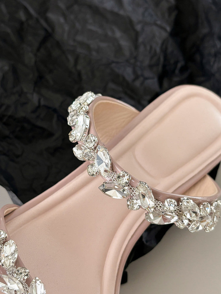 Karin Luna Exquisite Round Toe One-Strap Rhinestone Thin Heel Slippers