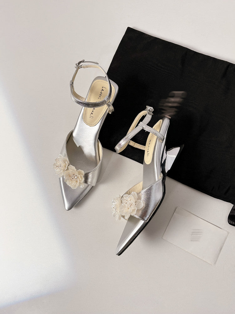Karin Luna In Stock Spot Goods  Classic Camellia Pointed Toe Elegant Irregular Heel Sandals
