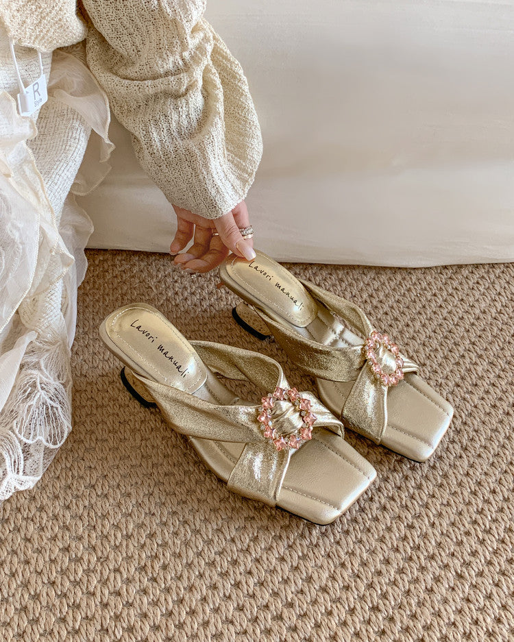 Karin Luna In Stock In Stock Elegant Square-Toe Cross-Strap Rhinestone Square-Toe Slippers