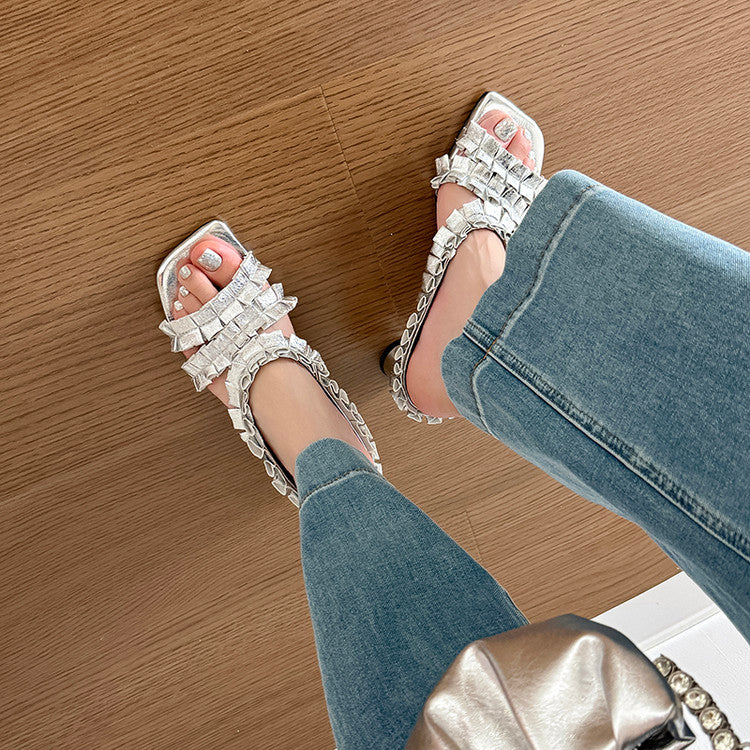 Karin Luna In Stock  Spot Goods  Unique Square-Toe Pleated Lace Sandals