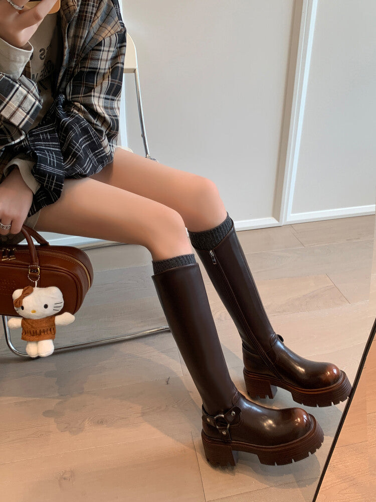 Karin Luna In Stock In Stock Slimming Diagonal Cut Tube Top  Best-selling in stock Retro Metal Buckle Thick-Soled Long Boots