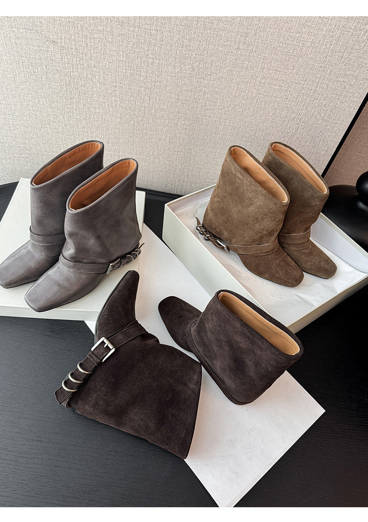 Karin Luna Data Hot Item Square Toe Hidden Wedge Belt Buckle Suede Ankle Boots