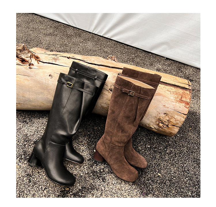 Karin Luna In Stock In Stock Mango Head Large Tube Belt Buckle Chunky Heel Long Boots